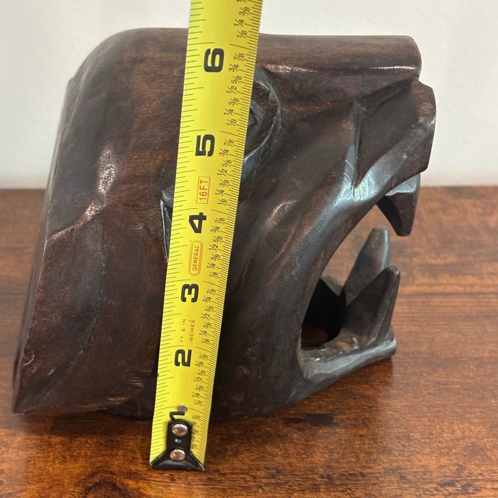 Hand Carved Wood Jaguar Head Sculpture Panther Folk Art Figurine Dark Brown - Picture 8 of 8